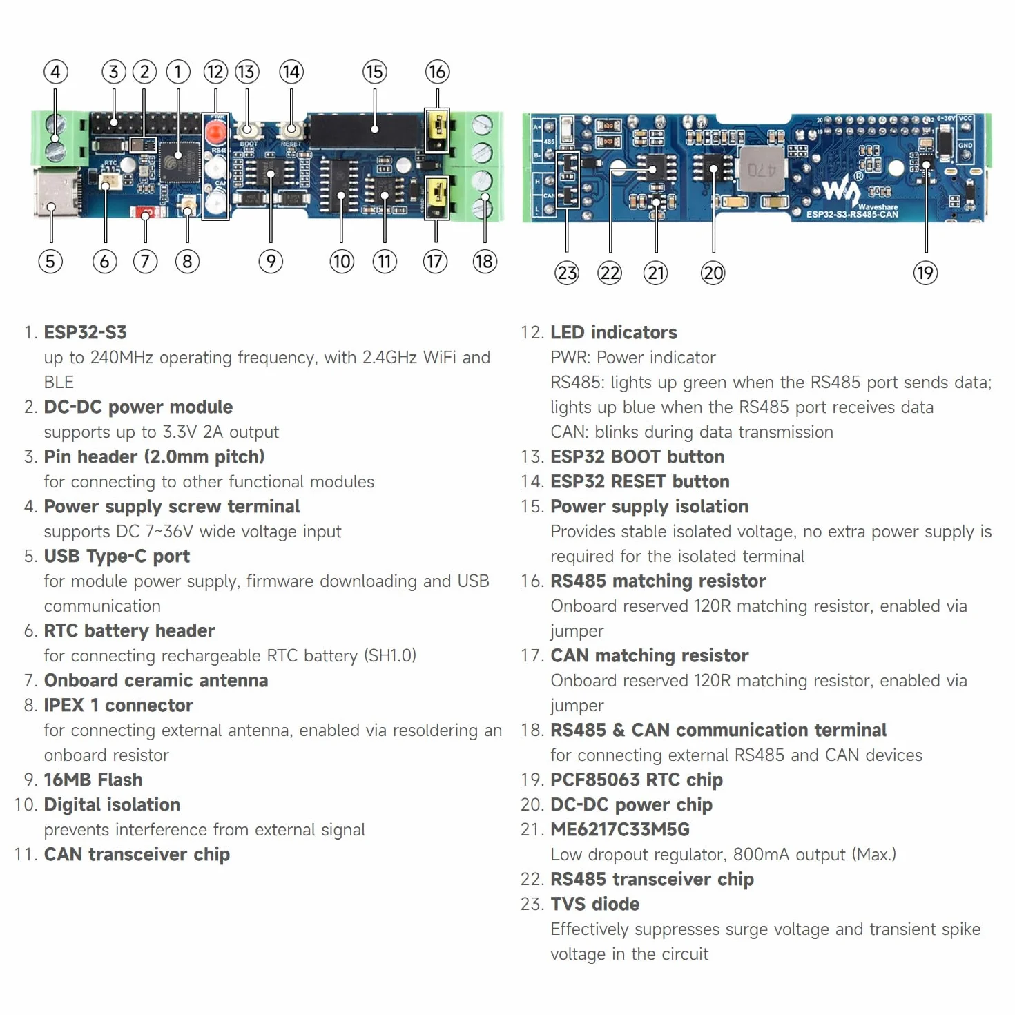 Waveshare Industrial ESP32-S3 Control Board with RS485 and CAN Communication Interfaces, Wi-Fi/Bluetooth Support, Built-in Multiple Protection Circuits