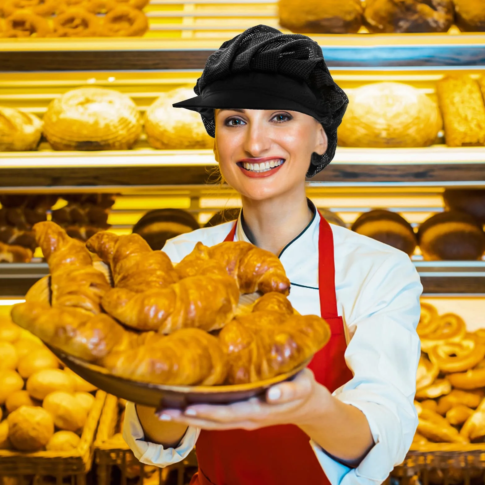 Cappello da Cuoco in Cotone Nero Donna Cucina Chef Baker Cuffia Alimentare Ristorante Raffreddamento Riutilizzabile 2 Pezzi