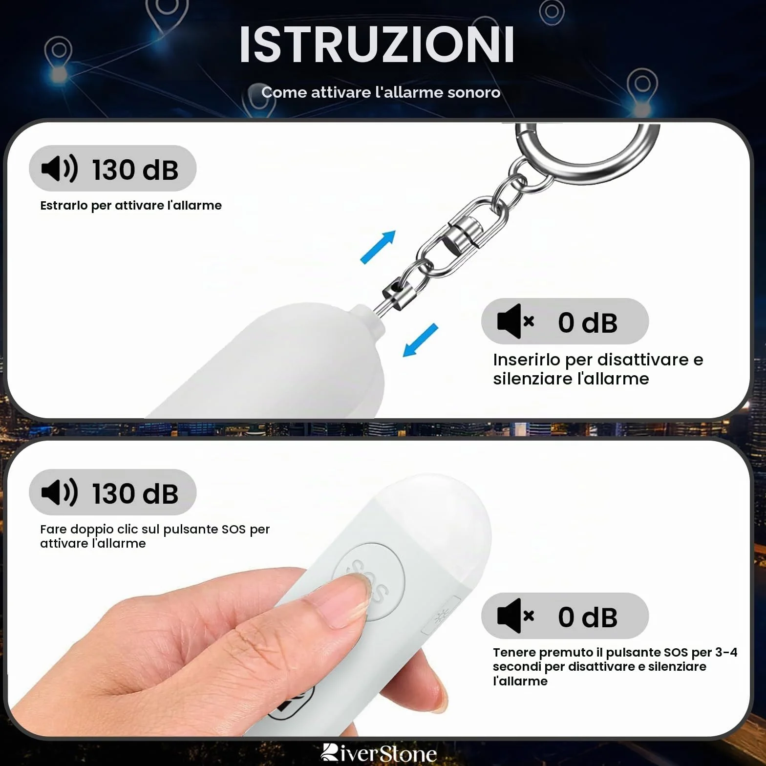 River Stone Allarme di Sicurezza Personale 130dB per Apple FindMy iOS (14.5+) Porta Chiavi Localizzatore Anti-aggressione, Sirena di Emergenza per Donna Bambino Anziano, Localizzazione, Auto-difesa