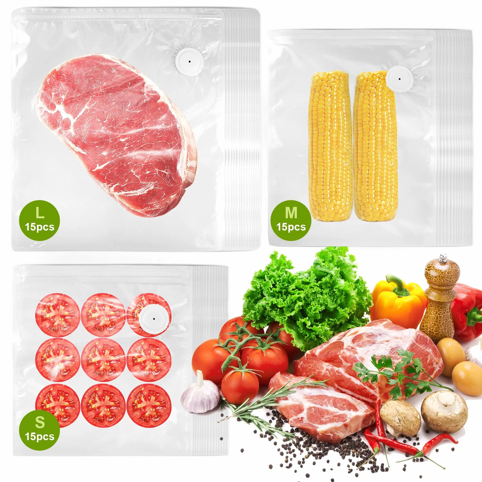 45 Sacchetti Sottovuoto per Alimenti,15x26x28 cm & 15x26x34 cm & 15x33x38 cm,Riutilizzabili con 3 Clip,Sacchetti per Conservazione Sottovuoto con Valvola d'Aria per Freschezza