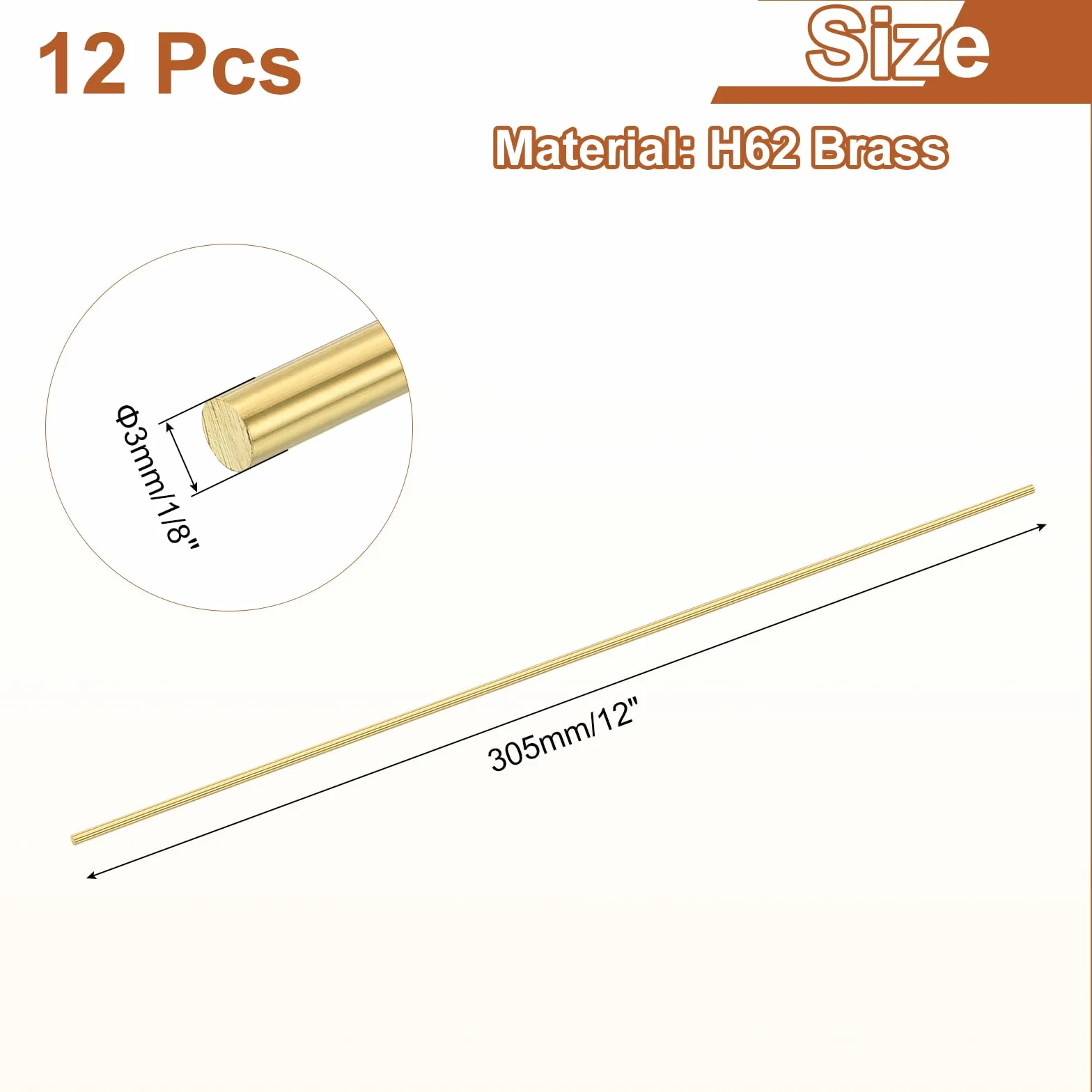 QUARKZMAN 12 Pezzi Asta Rotonda Ottone Solido 1/8"(3mm) Diametro 12"(305mm) Lunghezza H62 Tornio Barra