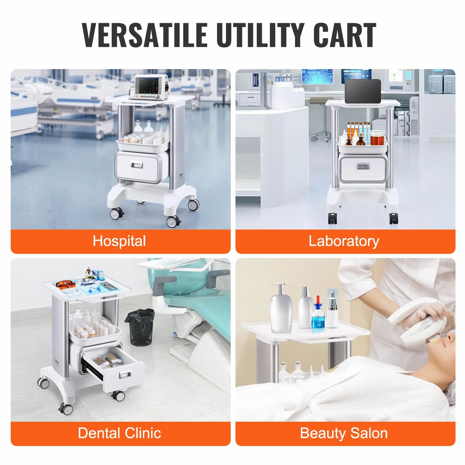 VEVOR Carrello da Laboratorio 2 Ripiani 1 Cassetto 1 Vassoio Superiore 4 Ruote ABS Bianco