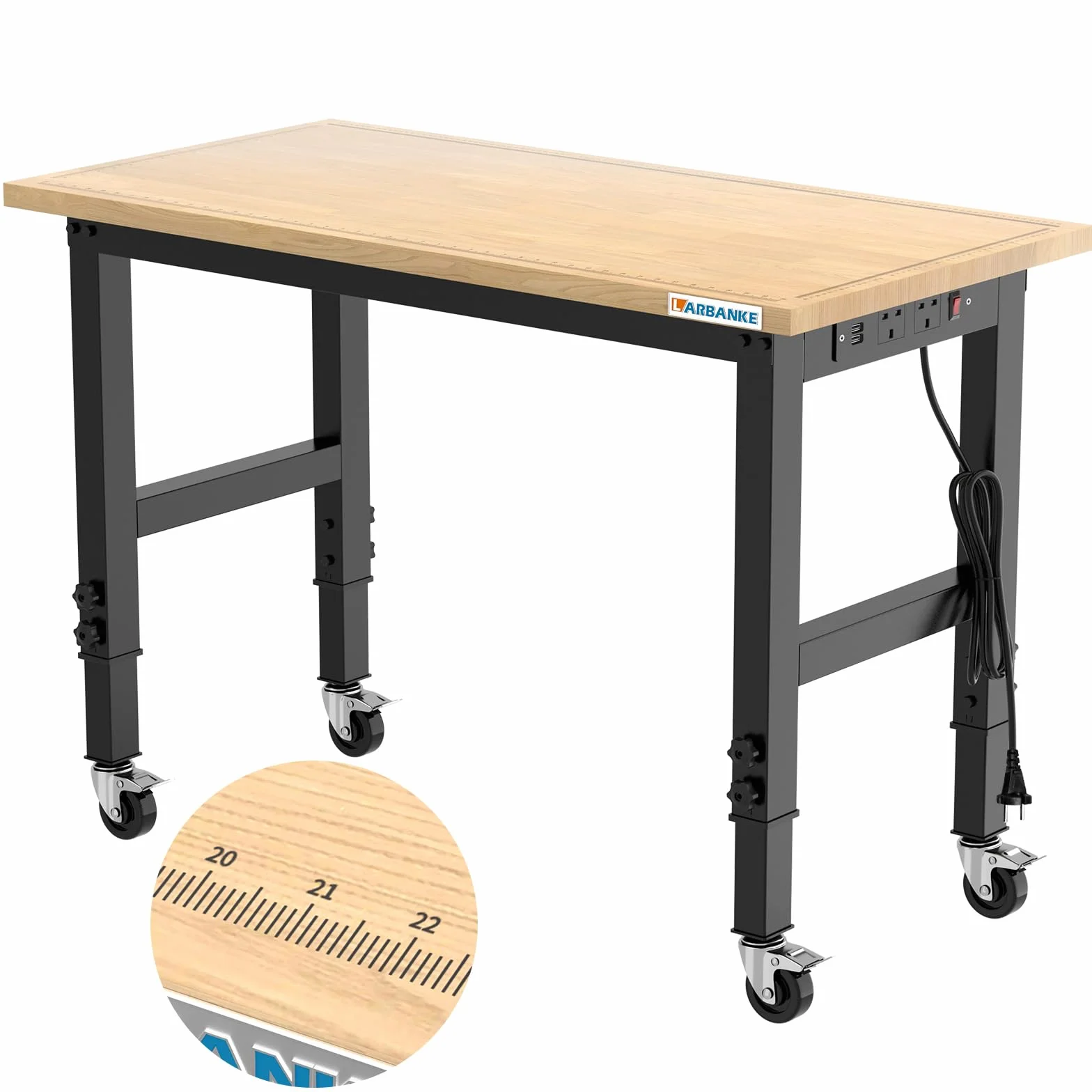 LARBANKE 120cm Banco da Lavoro per Garage,Banco da Lavoro in Legno di Gomma con 5 Altezze Diverse Regolabili,Capacità di Peso del Tavolo da Lavoro Oltre 900KG,con Ruote Frenanti,per Officina,Garage