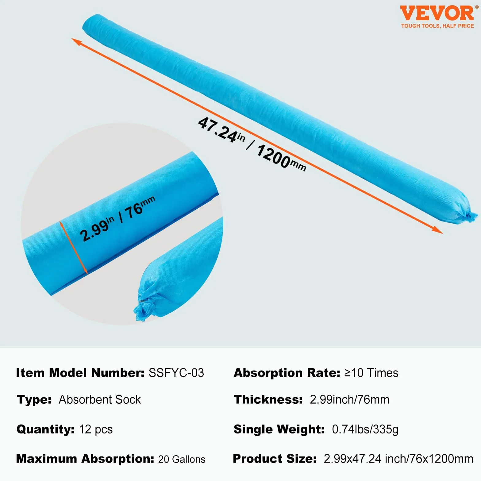 VEVOR Calzino assorbente universale, Serpente assorbente dell'acqua, Capacità 20 galloni, 3" x 47,24" Calzino per controllo delle fuoriuscite resistente alla muffa, 12 pezzi