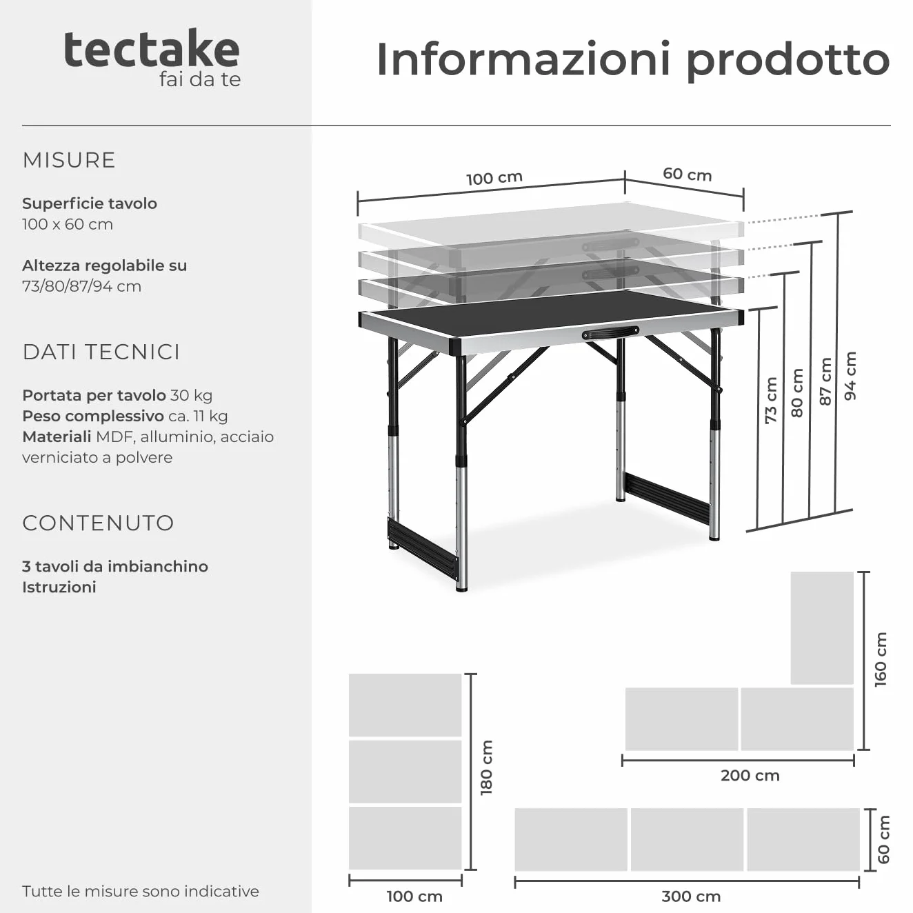 tectake® Tavolo da Lavoro Pieghevole in Alluminio, Multifunzionale, 300x60 cm, Tre Pezzi, Tavoli Pieghevoli da Lavoro, Regolabili, Tappezzeria, Feste, Campeggio, Stabili, Montaggio Rapido, Peso 11 kg