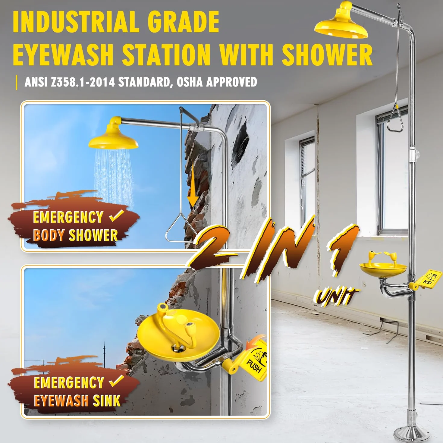 CGOLDENWALL Stazione Combinata Lavaocchi e Doccia d'Emergenza, Acciaio Inox 304, Vasca ABS, 12L/Min & 75,7L/Min, Filtro Antideflagrante per Uso Industriale