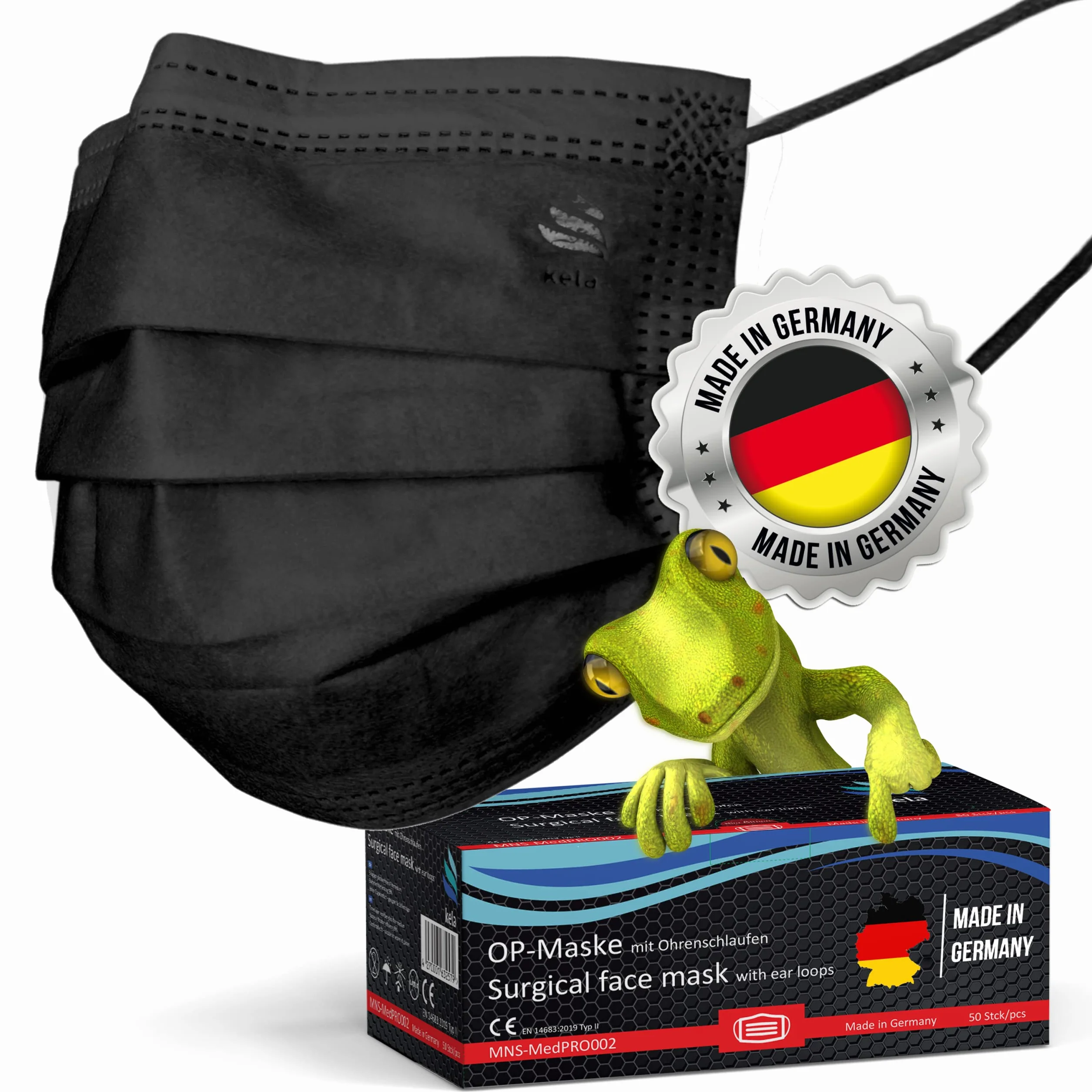 Kela maschere OP nero 100% Made in Germany maschera medica usa e getta certificazione CE DIN EN 14683 tipo II BFE > 98% 3 strati (50)