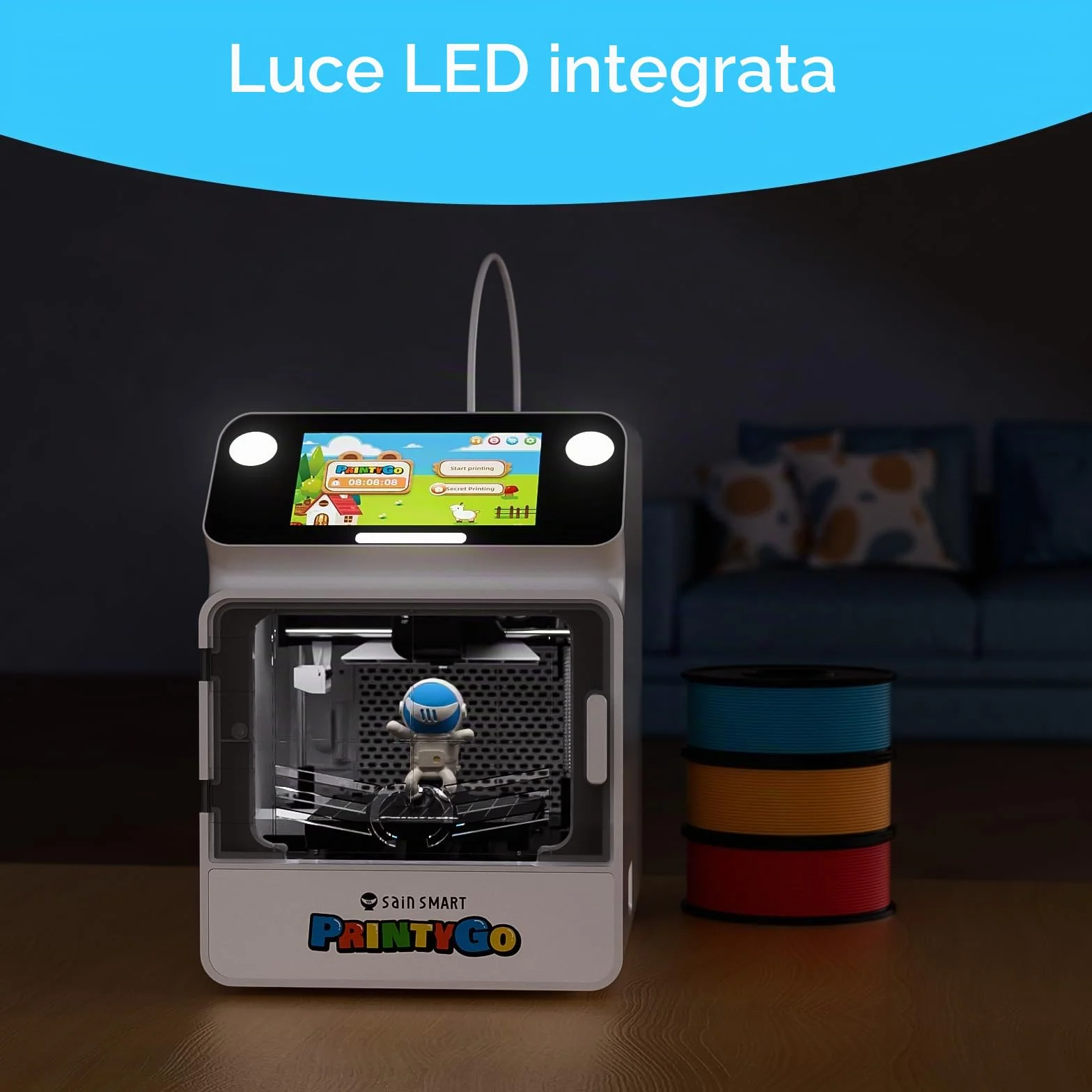 Stampante 3D PrintyGo Mini per bambini, stampante autolivellante da 600 mm/s per principianti con touch screen da 5", design sicuro per bambini, controllo Wi-Fi/app, regalo di apprendimento STEM
