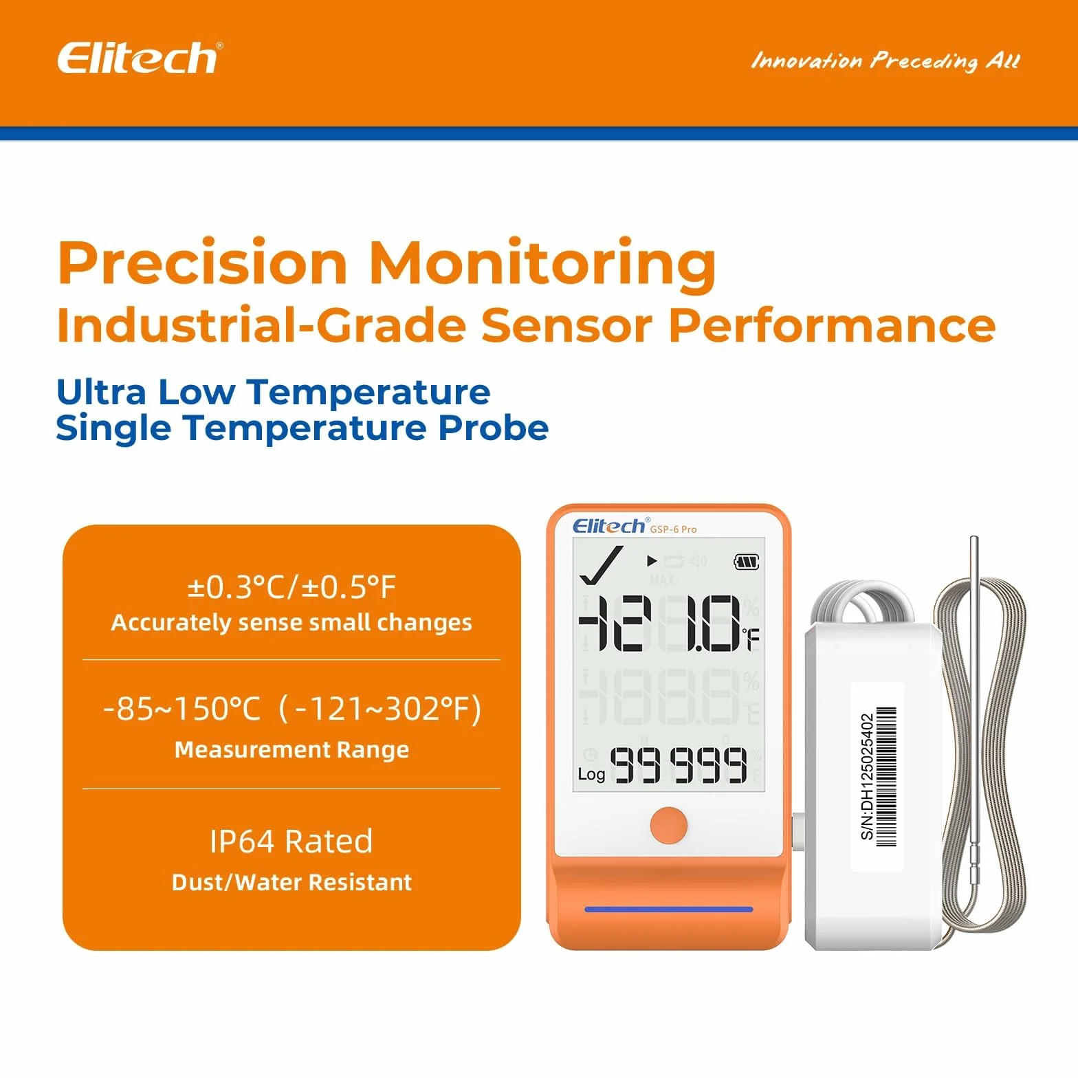 Elitech GSP-6Pro TLE Rejestrator Temperatury Cyfrowej Ultra-Niskiej do Lodówek Medycznych Monitor MAX MIN