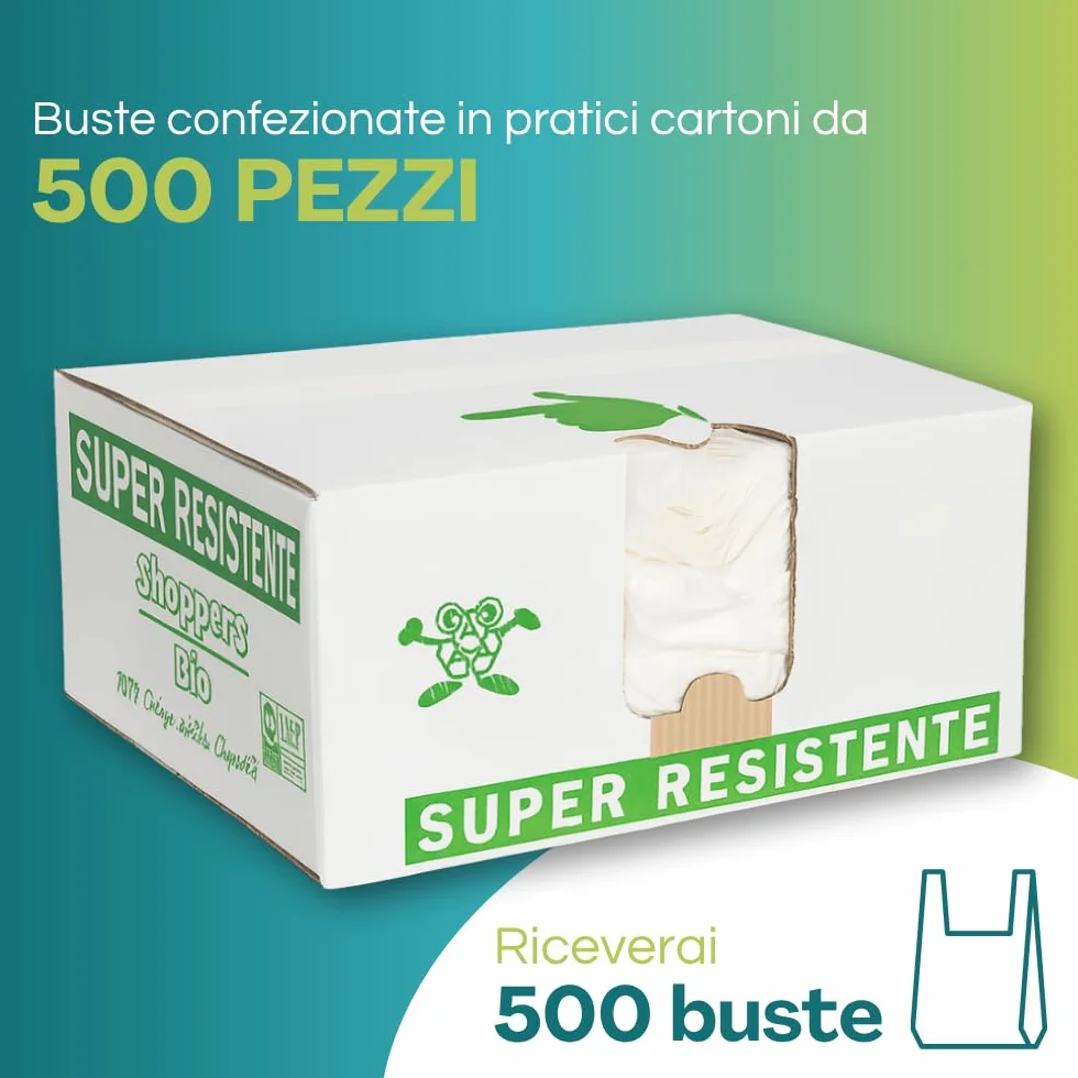 VIRSUS Buste Compostabili 27+7+7x50cm Sacchetti da 500 Pezzi. Shopper Spesa, Busta per Alimenti, Sacchetti Biodegradabili per Umido