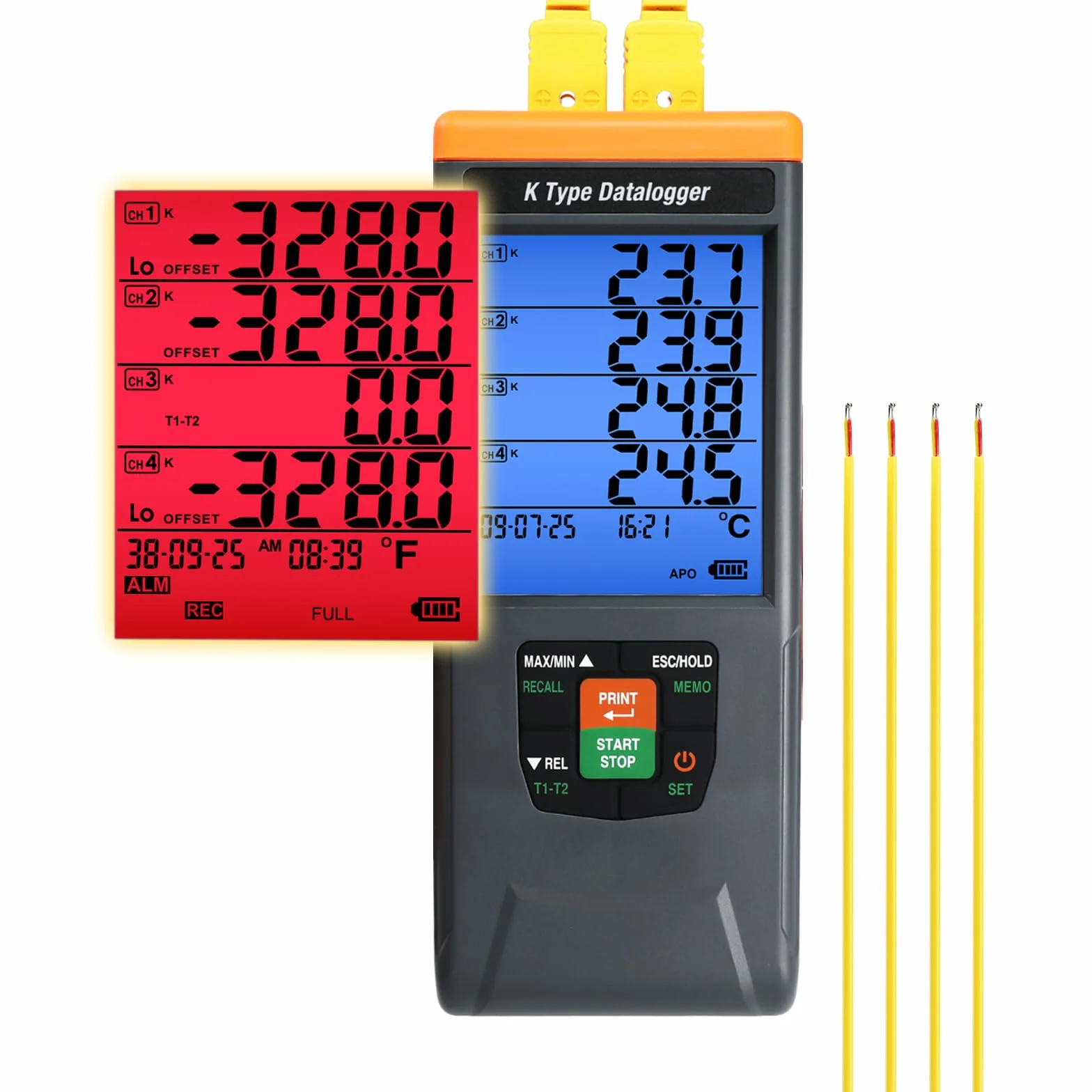 Registratore di Dati di Temperatura 4 Canali Tipo K 328~2498℉ (-200~1370℃) Allarmi Acustici Visivi GLP 48K Record Montaggio Parete Tavolo HVAC Laboratorio
