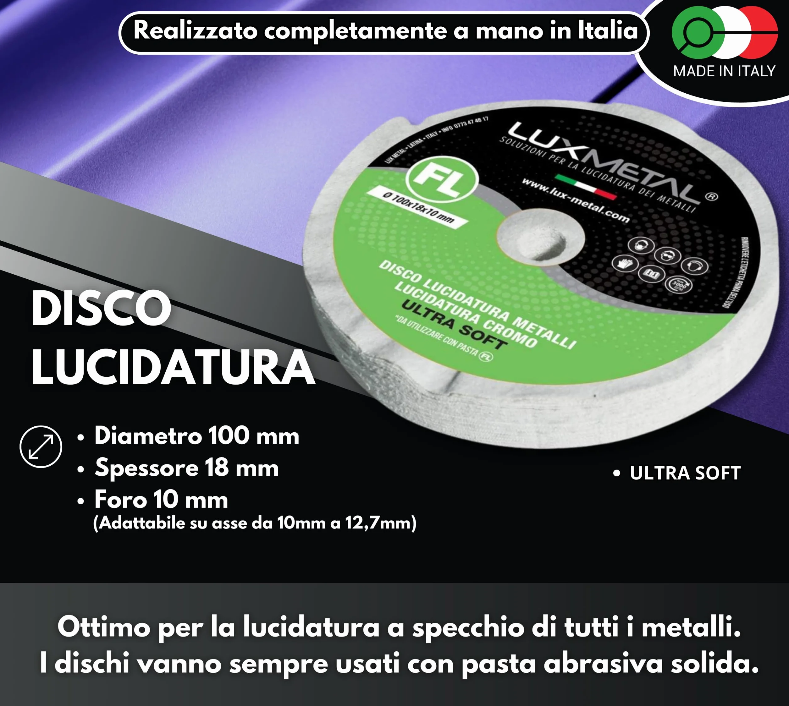 Lux Metal Disco Lucidatura Ultra Soft 100 mm In Cotone Flanella Dischi Lucidare A Specchio Alluminio Metalli Acciaio Inox