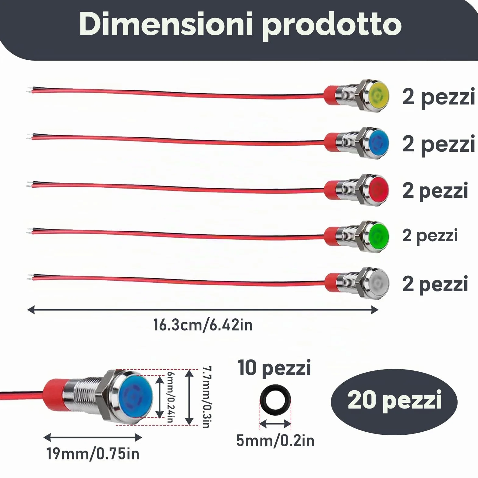 10 Pezzi Indicatore LED 6mm 12V-24V, Spia Luminoso Pannello LED Impermeabile 6mm Precablato per Auto, AC/DC 12-24V, Spia Luminosa con Luce Rossa, Gialla, Blu, Verde e Bianca, Classe Energetica A+++