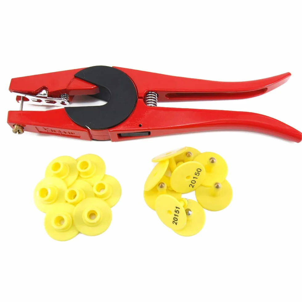 100 etichette numerate in plastica per orecchie di coniglio, piccoli animali in TPU (rosso) e 1 applicatore per etichette auricolari