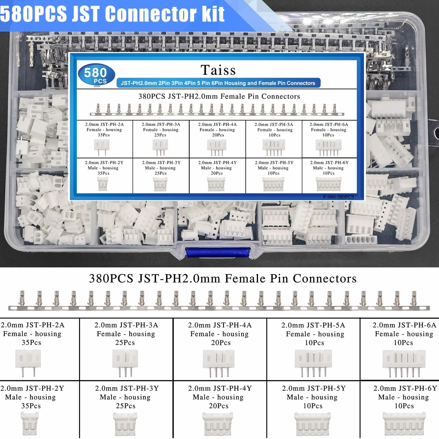 Taiss 580 pezzi Kit del connettore JST PH 2,0mm 2/3/4/5/6 pin Connettore Adattatore Terminale Maschio Femmina connettore spina del connettore del cavo,connettore femmina da 2.0mm F-066-580PCS