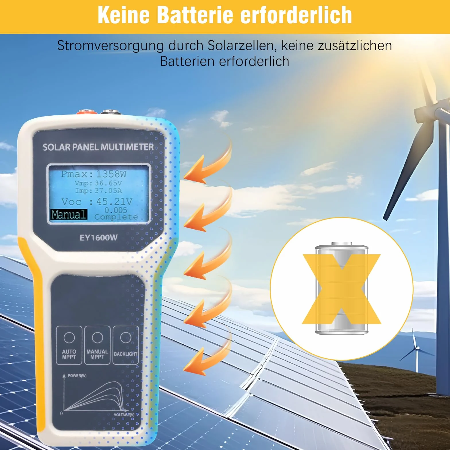 Tester solare EY1600 W, installazione, misuratore tensione vuoto, rilevamento MPPT, display LCD