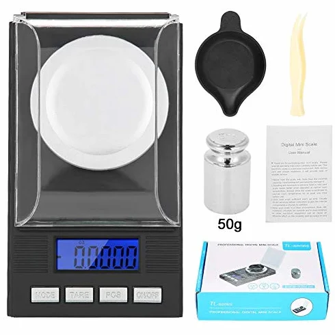 Bilancia Precisione 0,001g, Bilancia di Precisione Digitale Tascabile 50g/0,001g, Bilancia per Gioielli, con Pesi di Calibrazione e Pinzette per Laboratorio, Cucina, 15,5 × 8 × 2 cm