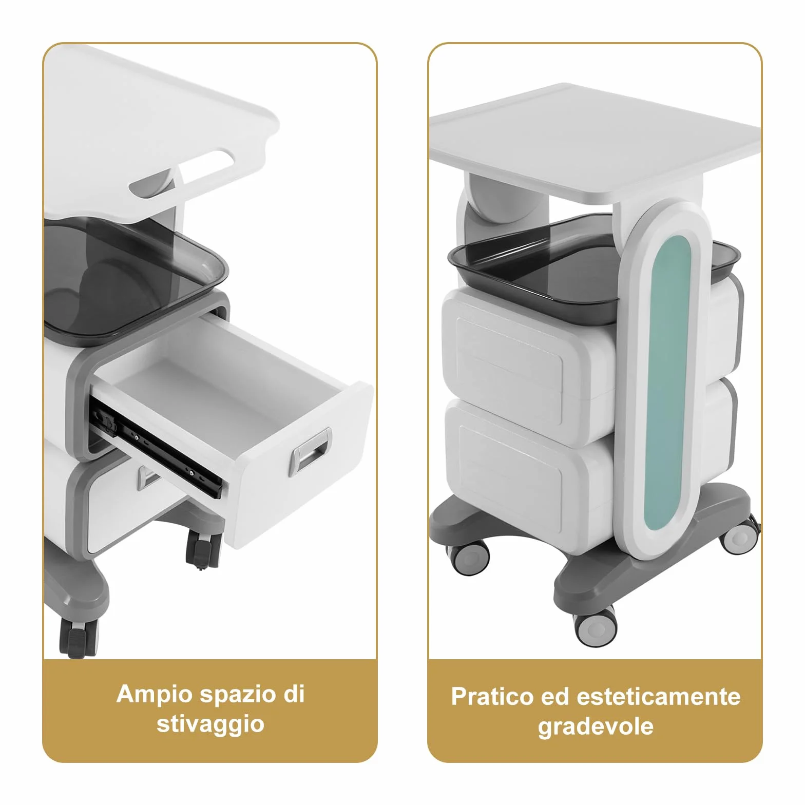 Carrello da Laboratorio 3 Ripiani Medico Mobile ABS 4 Ruote Silenziose Cassetti Vassoio