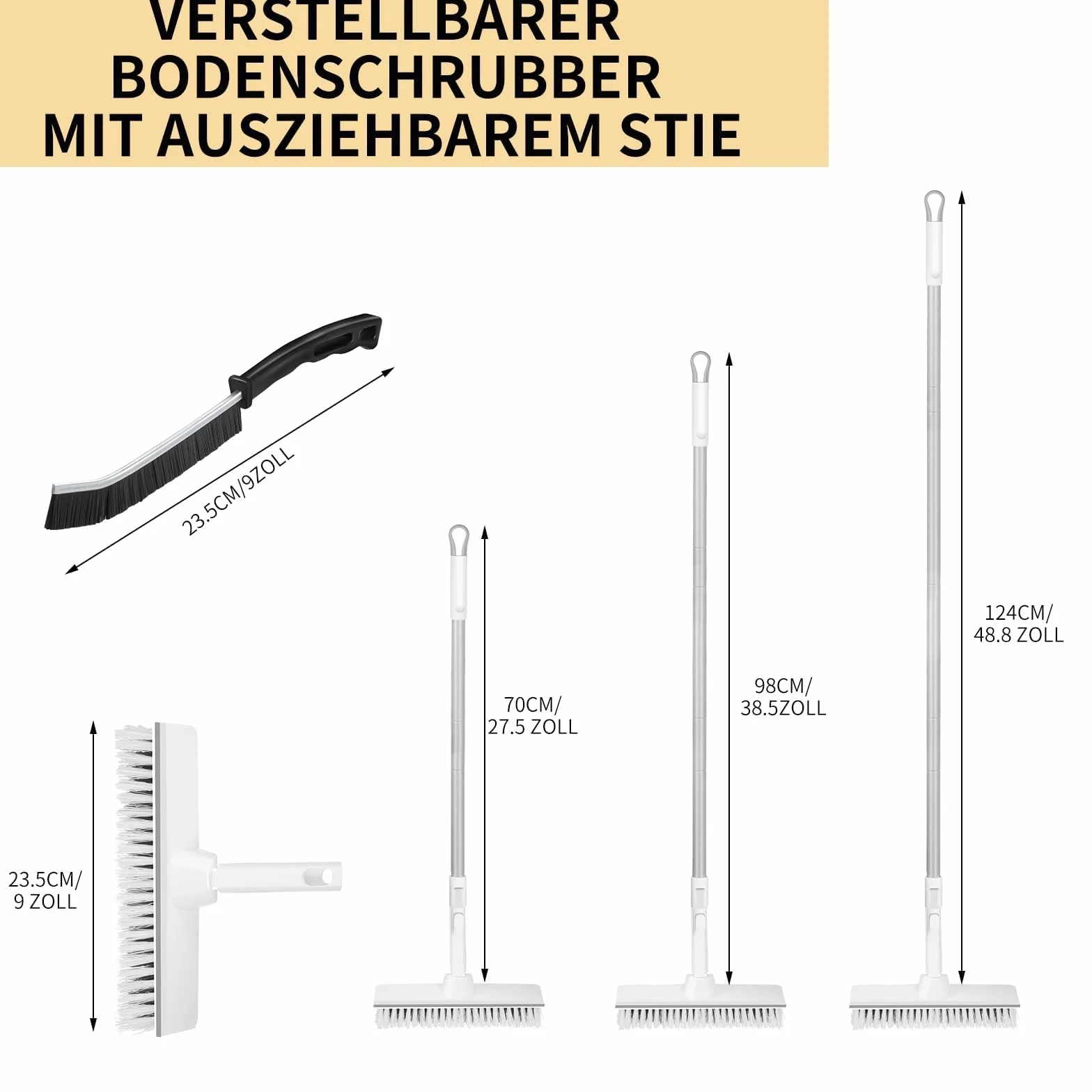Scrubber con manico, spazzola per il lavaggio 2 in 1 con estrattore fondo, setole rigide da 9 pollici con manico regolabile per la pulizia in interni, garage, cucina, piastrelle da parete