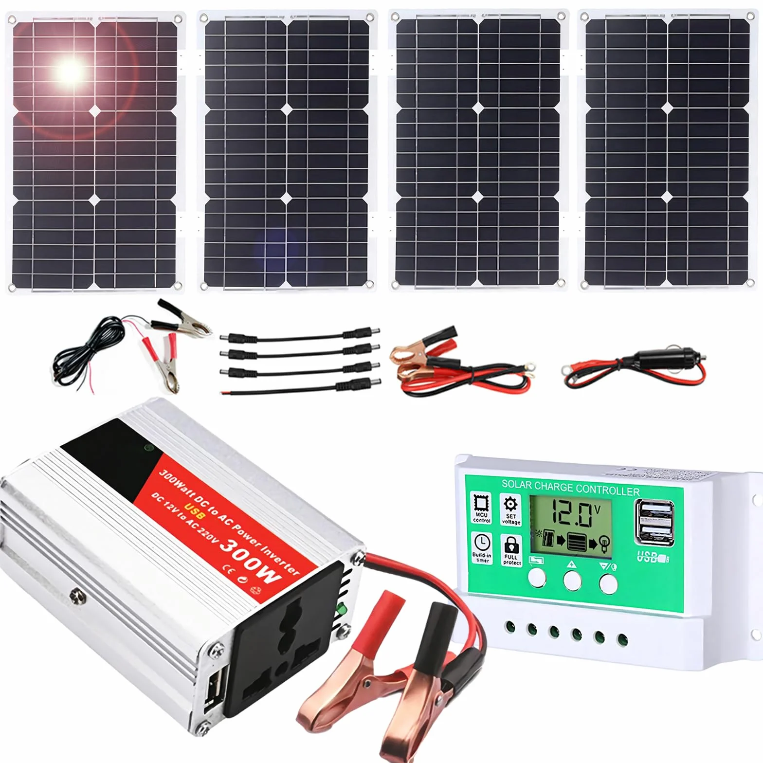 Kit Pannello Solare off-Grid da 300 W con regolatore di Carica da 50 A e Inverter for Camper, Barca, Campeggio e Altro Ancora(100W)