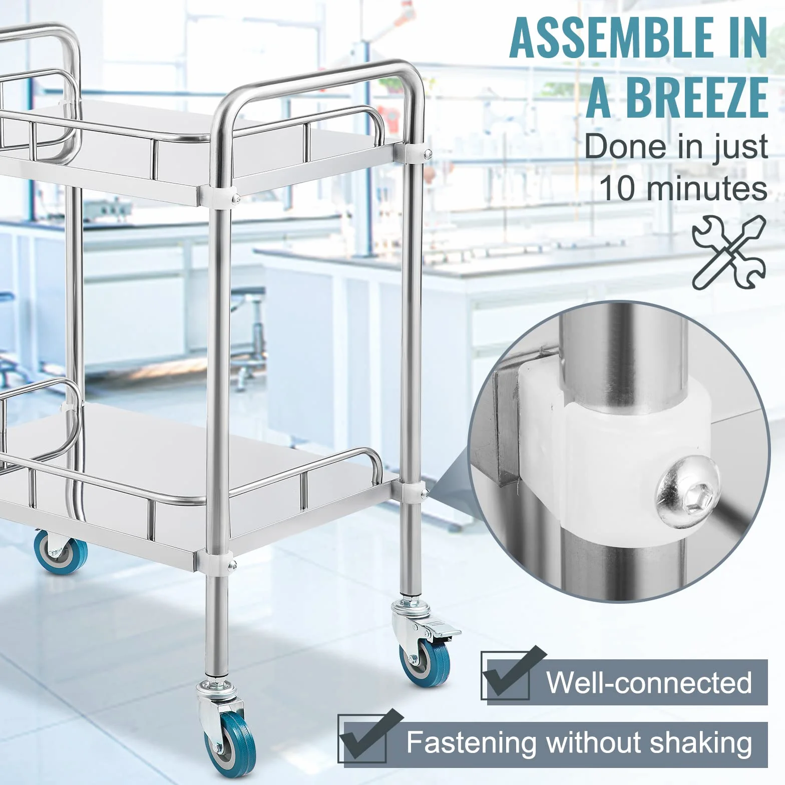 VEVOR Carrello da Laboratorio, 2 Strati Carrello Medico in Acciaio Inox, con 4 Ruote a 360° 2 Freni, Argento, per Ospedale, Farmacia ed Estetica, Laboratori, Salone di Bellezza, Centro di Ricerca