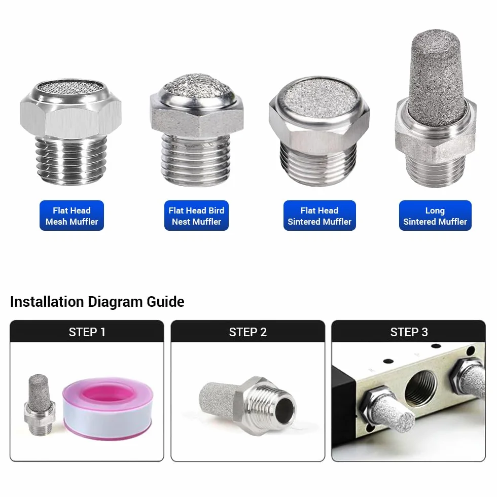 Silenziatori pneumatici PT 1/2" in acciaio inox 304 per compressori, 3 pezzi