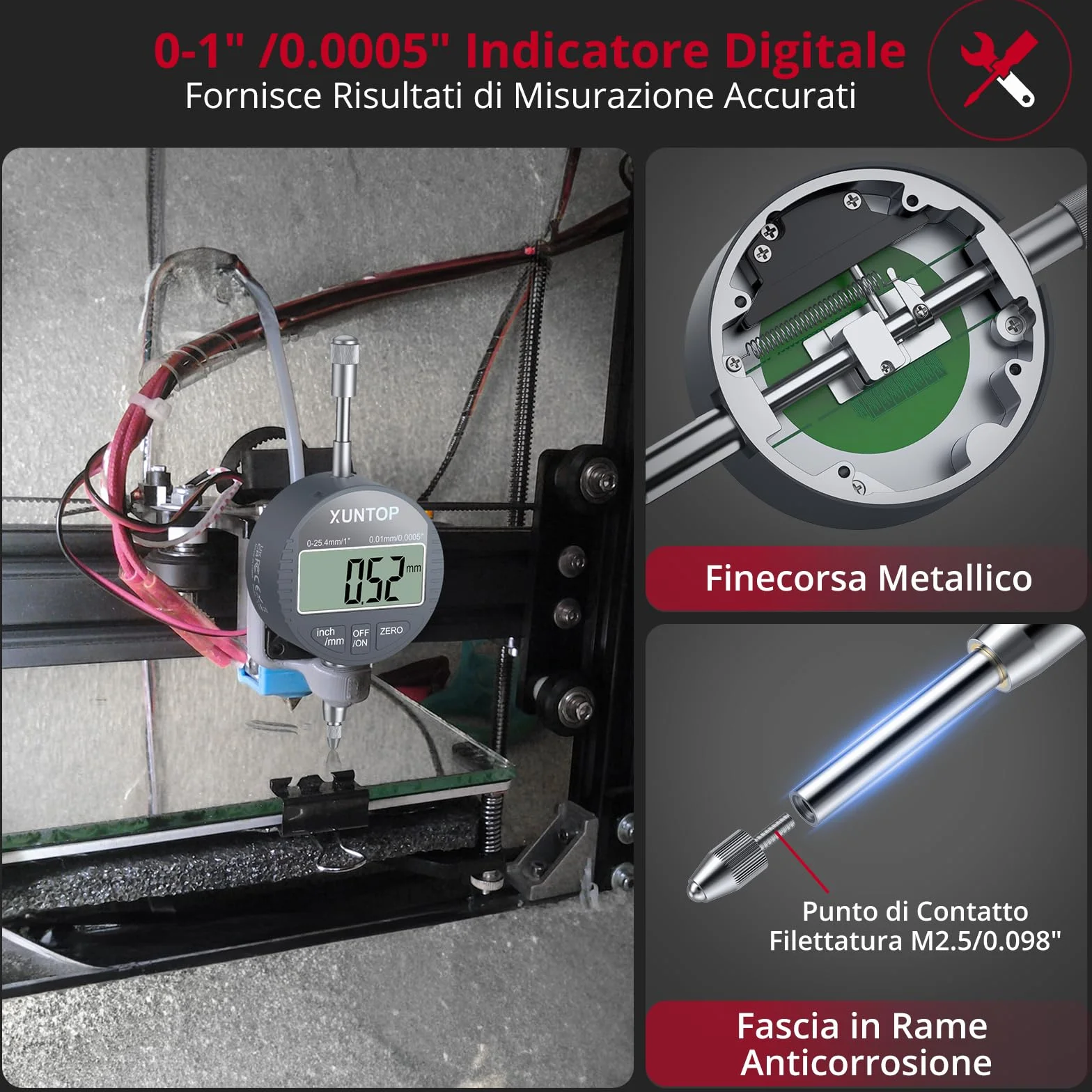 XUNTOP Comparatore Centesimale 0-25,4 mm con Base Magnetica 132lbs/60kg, Digital Dial Indicator 1inch/0.0005inch con Display LCD di Conversione Pollici/metri per Tornio, Stampante 3D, CNC, Industriale