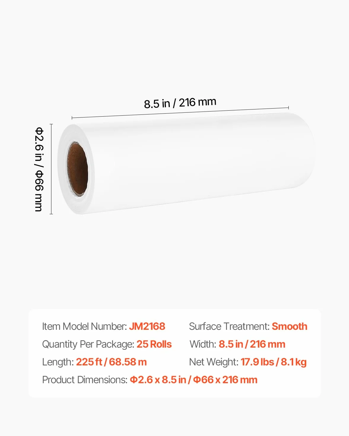 VEVOR Rotoli Carta Poggiatesta 25 Pezzi 21,6 cm x 68,9 m Monouso Visita Medica Superficie Liscia Bianco