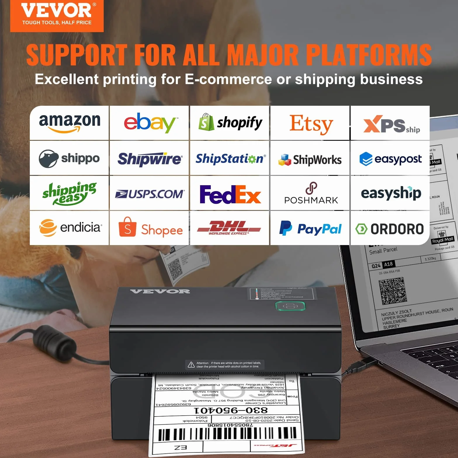 VEVOR Stampante Termica Bluetooth, Stampante per Etichette Edesive 4x6, Etichettatrice Termica Compatibile a Windows/MAC OS/Linux/Chromebook, Supporta DHL, USPS, FedEx, Shopify, Ebay, Amazon ecc.