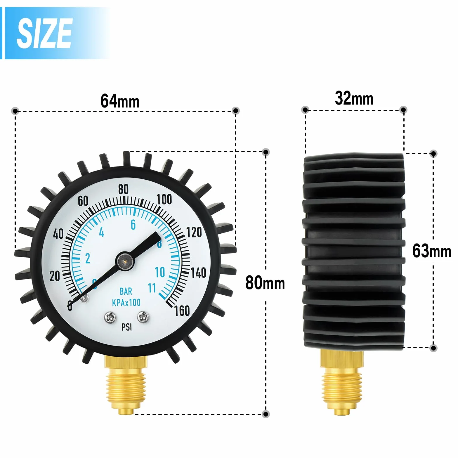 Manometro per pressione dell'acqua 0-11 Bar/0-160 Psi, quadrante da 2" in acciaio inossidabile Manometro per pressione di alimentazione dell'acqua con raccordo per rubinetto flessibile