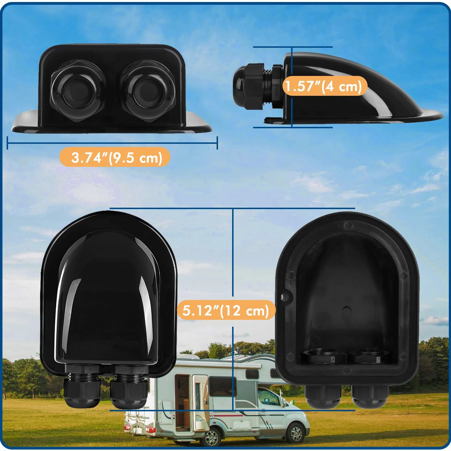Restmo Passacavo Solare Impermeabile IP68 ABS Doppia Entrata per Camper Roulotte Barche Nero