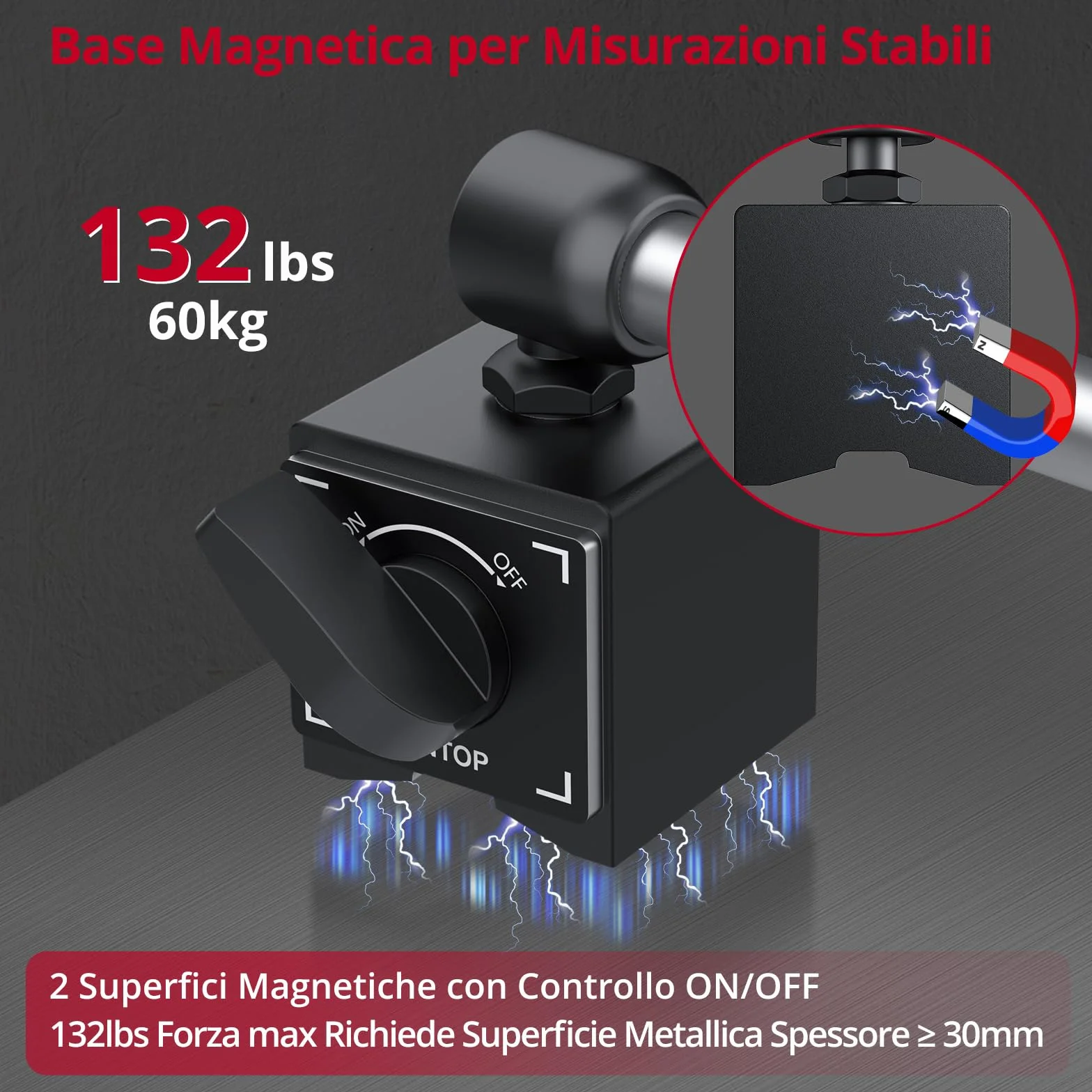 XUNTOP Comparatore Centesimale 0-25,4 mm con Base Magnetica 132lbs/60kg, Digital Dial Indicator 1inch/0.0005inch con Display LCD di Conversione Pollici/metri per Tornio, Stampante 3D, CNC, Industriale