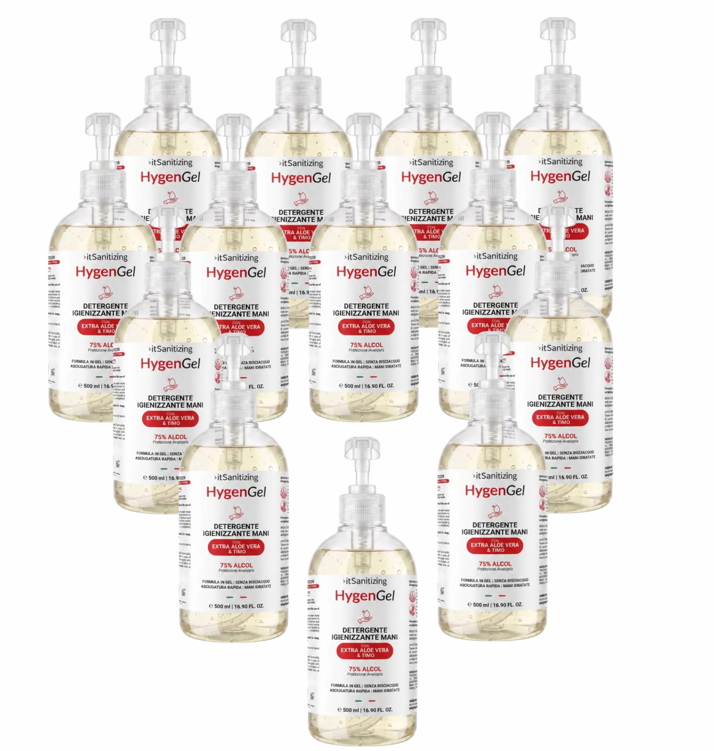 Hygen Gel Mani Disinfettante Igienizzante 12 Litri Antibatterico Sanificante Alcool 75% Elimina Virus Naturale con Aloe Vera e Timo Senza Risciacquo Profumato al Limone - 24 Flaconi da 500 ml