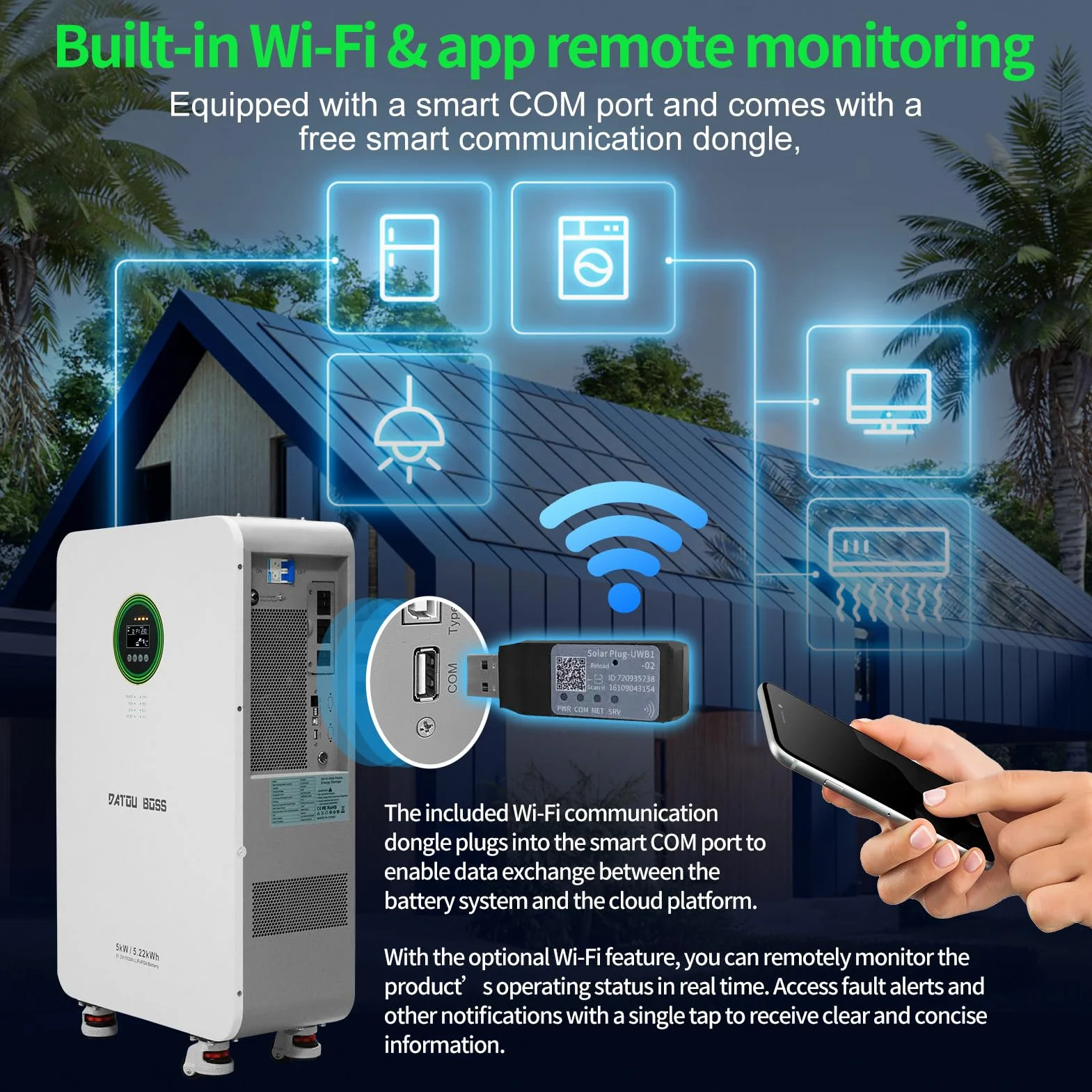 DATOUBOSS 5000W Inverter Ibrido Solare 48V+Batteria LiFePO4 48V 102Ah 5,22 kWh,6000+cicli,integrata BMS,ideale per Solare, Off-Grid,Centrale Elettrica.
