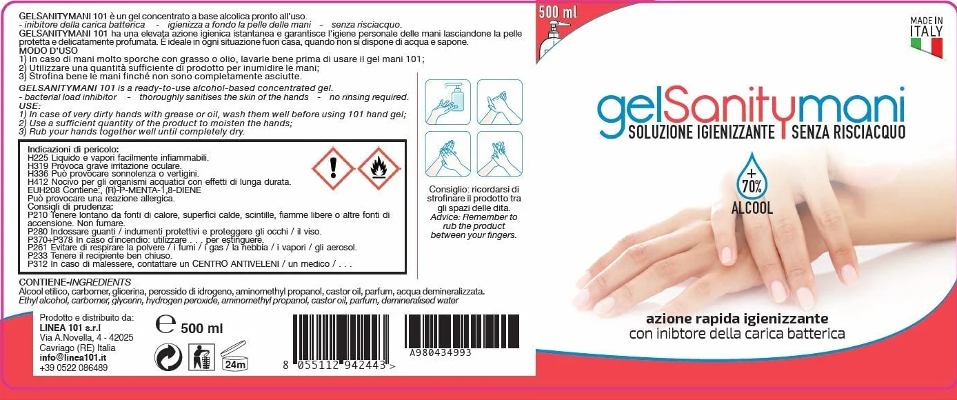 Sanity 101 Gel Tascabile Igienizzante Mani 70% Alcool 500 Ml