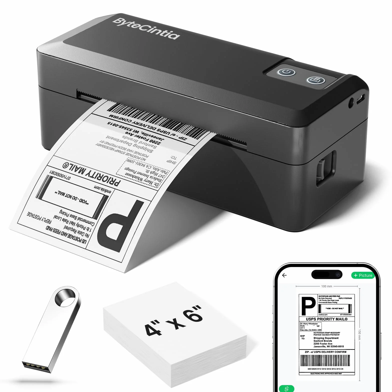 Stampante Termica Etichette Bluetooth, Stampante Etichette Spedizione 4x6 (10x15cm), Stampante di Etichette Postali per Aziende, Compatibile con Amazon, Shopify, DHL, DPD