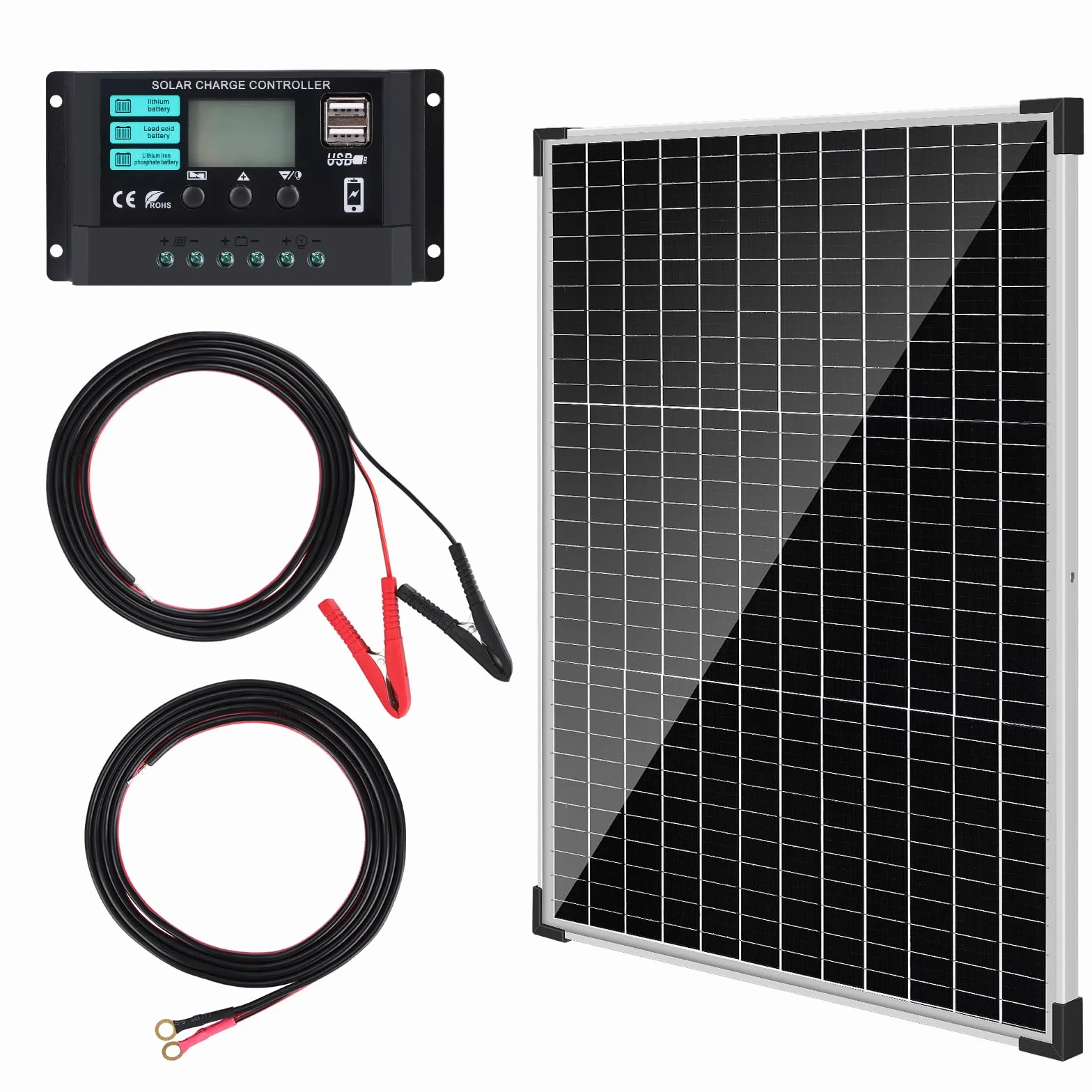 【50W 12V Pannello Solare Kit】DERUXI 50Watt 12V Pannello Fotovoltaico Mono Set: 50W Pannelli Solari+10A PWM Regolatore di Carica+4 Pcs Cavo Solare, Pannello Solares PV per Veicoli,Tetto, Barche,Camper