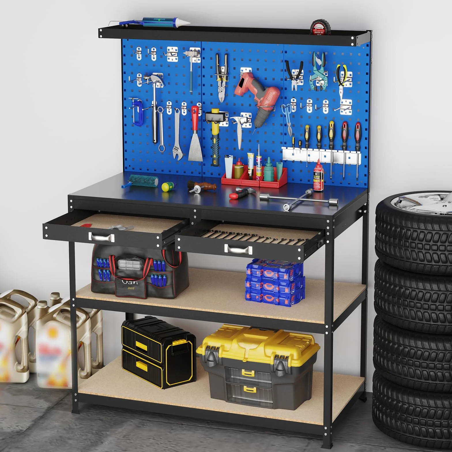 SOARS Banco da Lavoro, Organizer per Attrezzi in Metallo con 3 Pannelli Perforati con Kit di 24 Ganci, 2 Cassetti e 2 Ripiani, Banchi da Lavoro per Officina, Garage (Blu, 121 X 61 X 156 CM)
