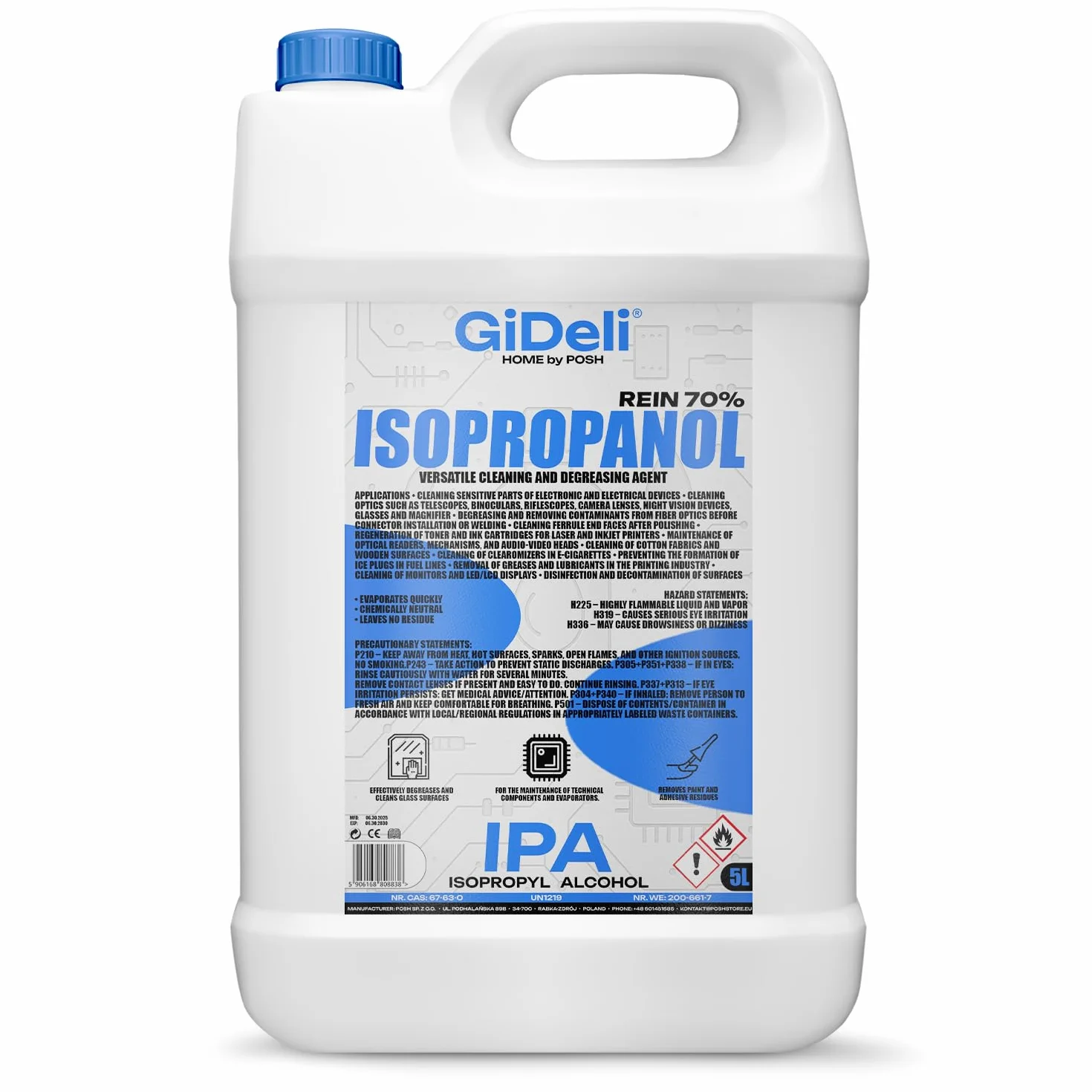 GiDeli Isopropanolo 70% 5 litri detergente alcool isopropilico IPA per pulizia componenti elettronici