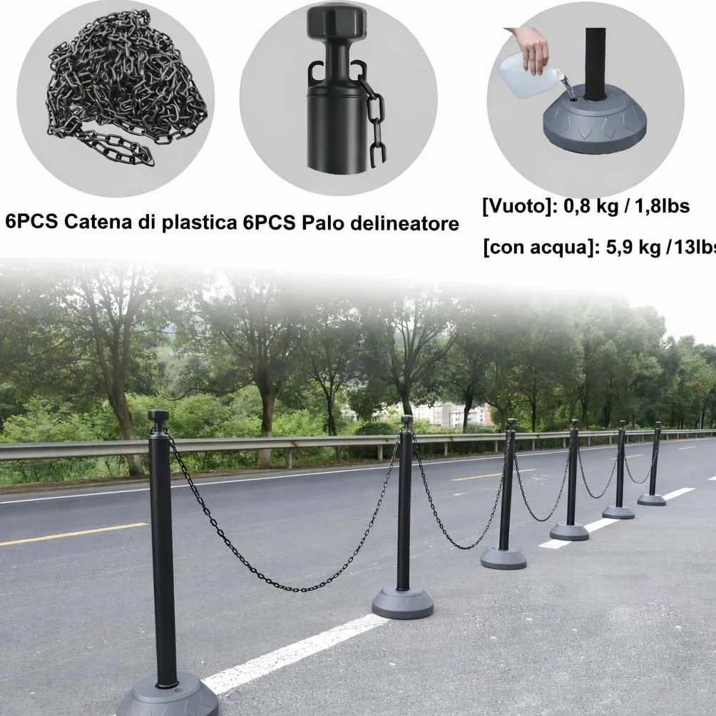 Set da 6 Pali di Contenimento da 102 cm, Posto Delineatore del Traffico con Catene di Plastica e Base Riempita d'Acqua per Parcheggio, Code e Controllo della Folla (Nero)