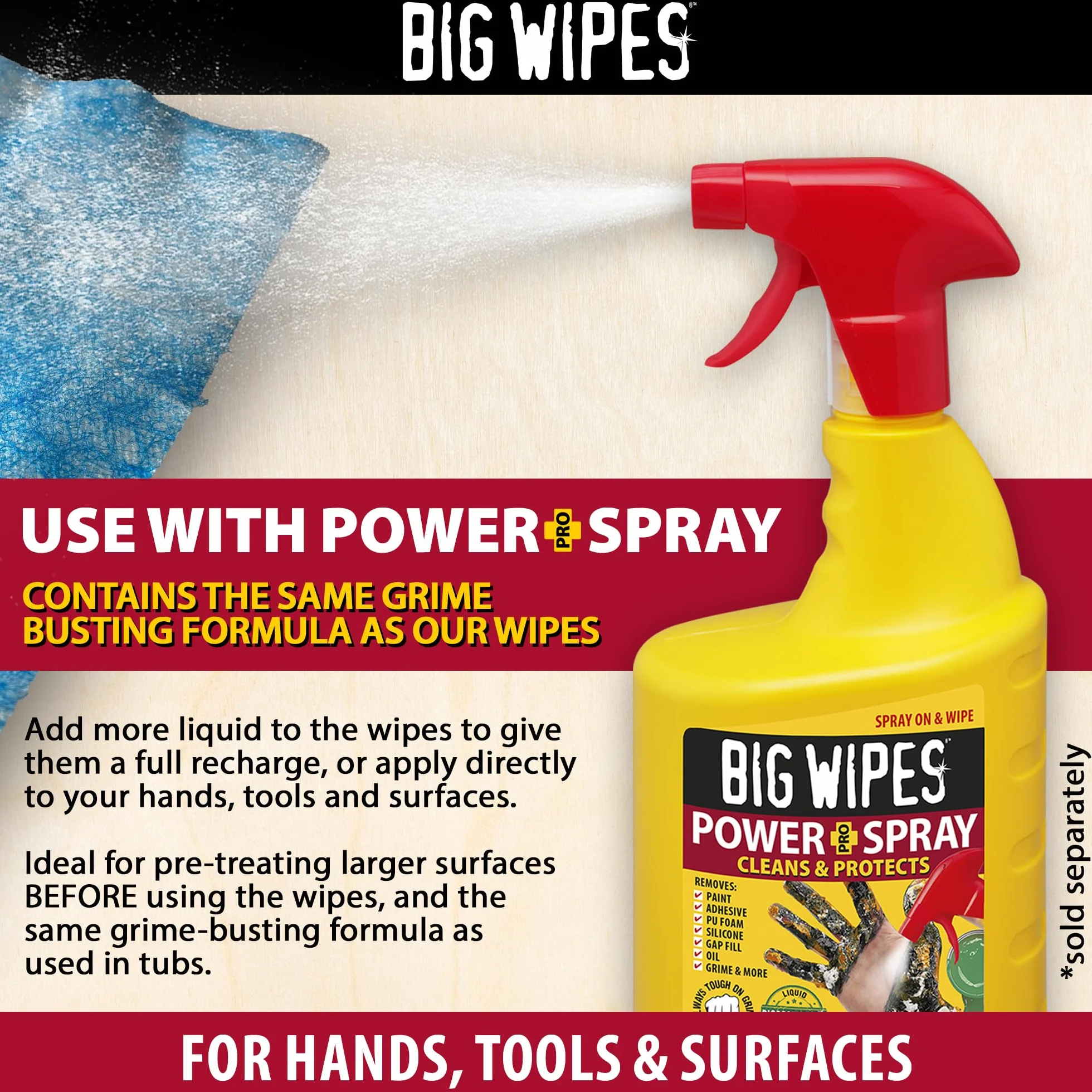 Big Wipes Heavy Duty Pro+ Salviette per le mani x50 bustine singole, rimuove vernice, olio, schiuma PU, adesivi, aloe vera, vitamina E, salviette professionali bifacciali
