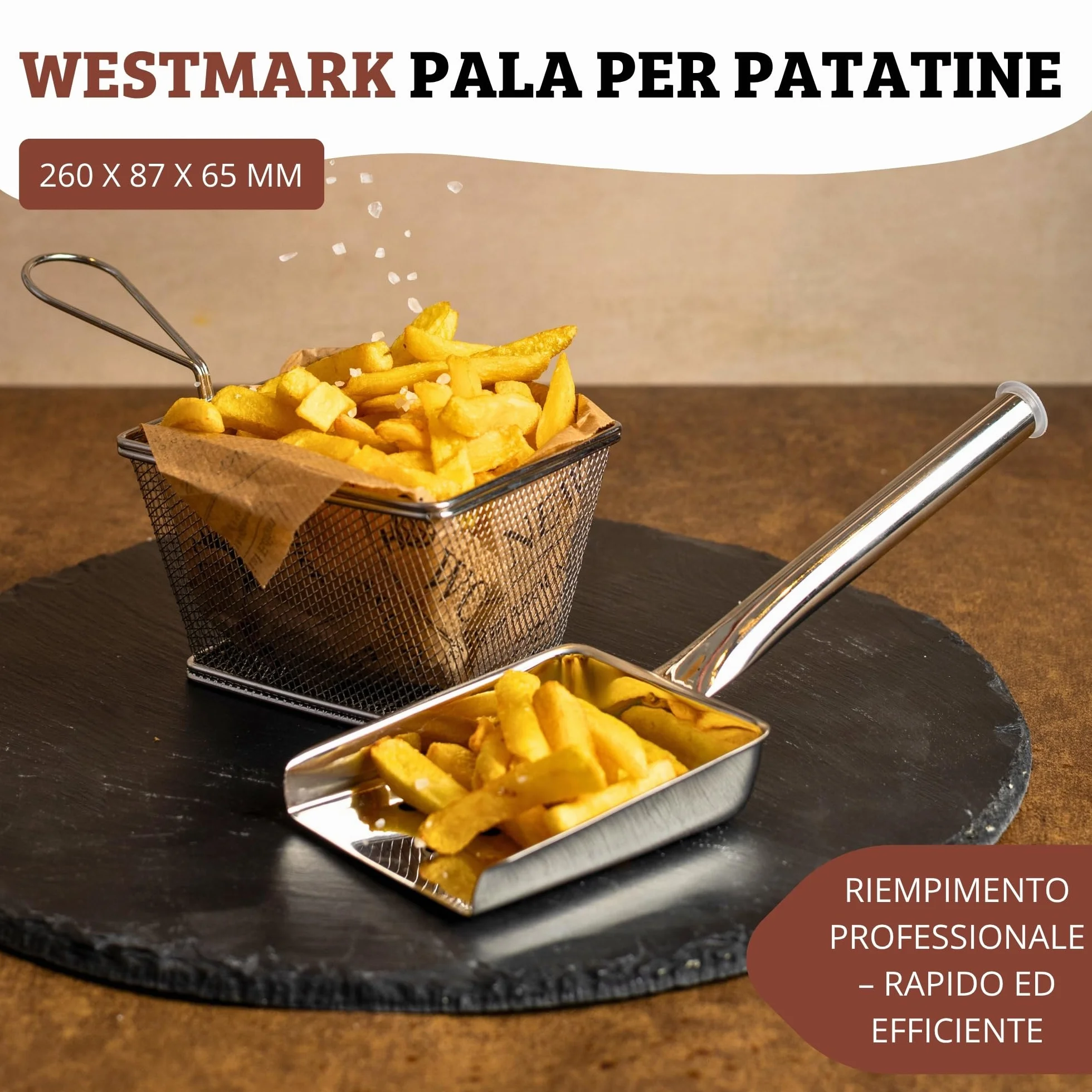 Westmark Paletta per patatine fritte, Lunghezza: 26 cm, Acciaio inox, Argento, 91292270