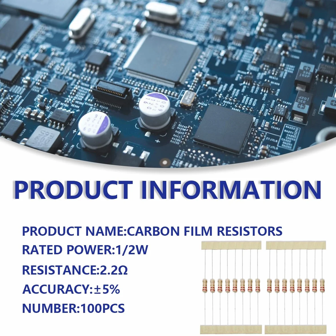 Resistenza del Film di Carbonio 2.2 Ohm 1/2W 5% 100 Pz per Progetti DIY