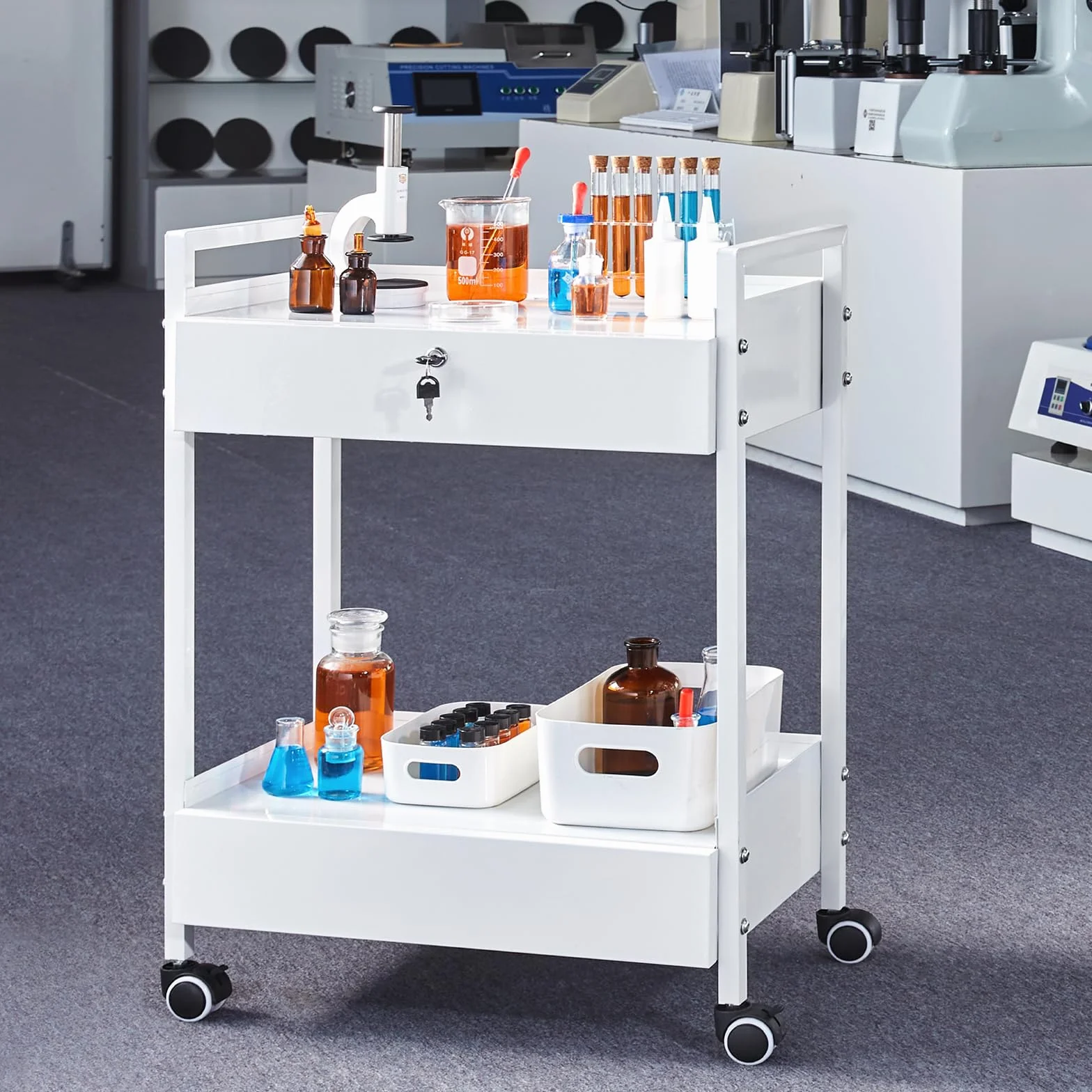VEVOR Carrello da laboratorio in acciaio inox a 2 livelli con 2 cassetti e rotelle girevoli