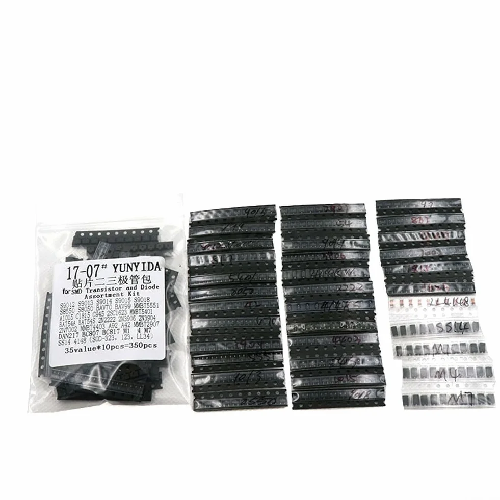 Kit di 350 transistor e diodi per SMD con 35 valori assortiti per l'uso in vari sistemi elettronici e riparazioni