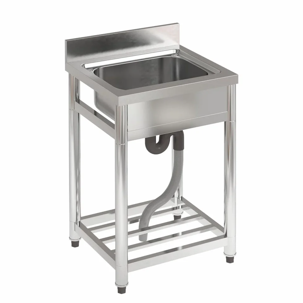 Lavello da cucina in acciaio inox, per ristorante, con scarico e ripiano portaoggetti, lavello per catering con foro per rubinetto, lavello da esterno autoportante per cucina (senza rubinetto)
