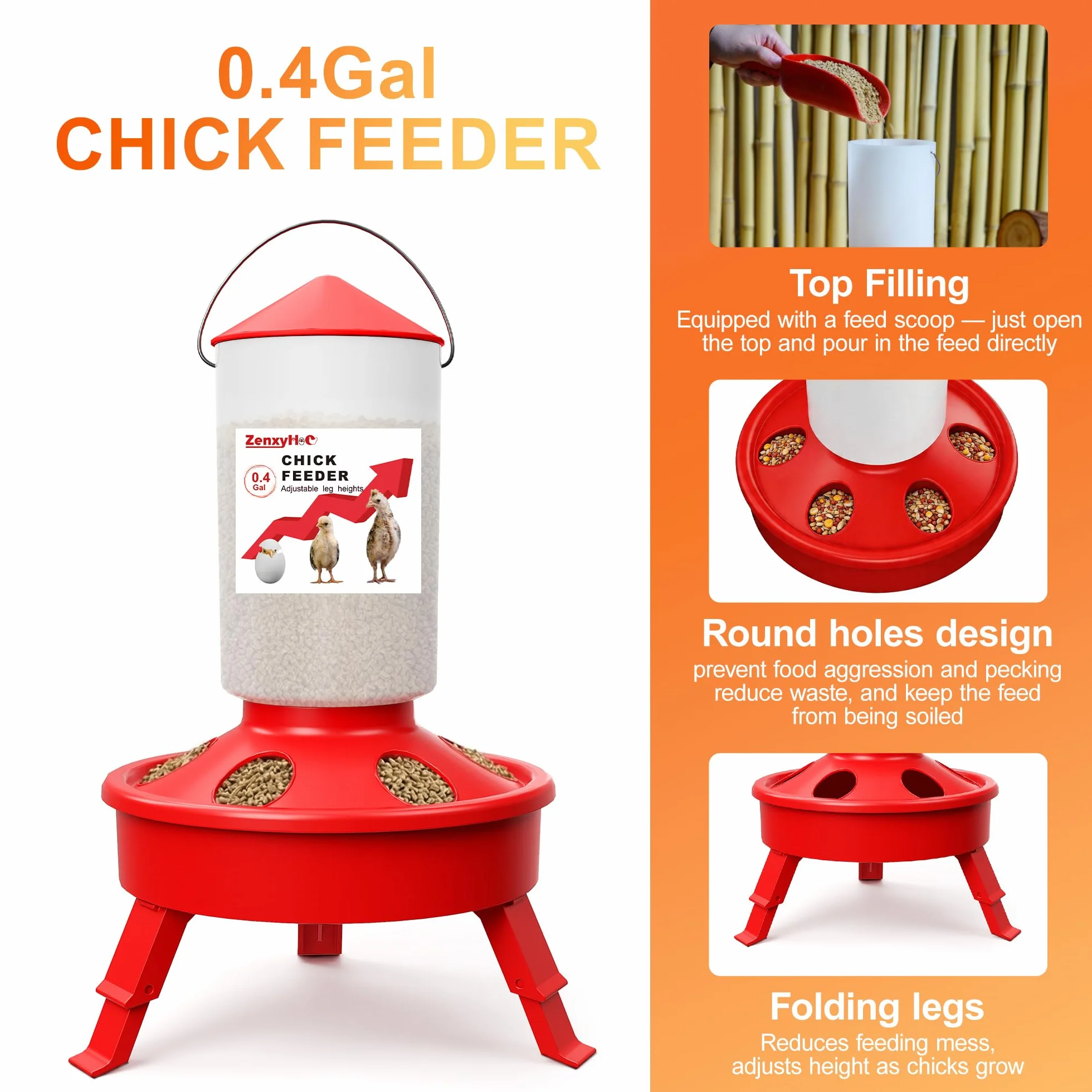 ZenxyHoC Set mangiatoia abbeveratoio pulcini 1,5 l 3 gambe regolabili rosso