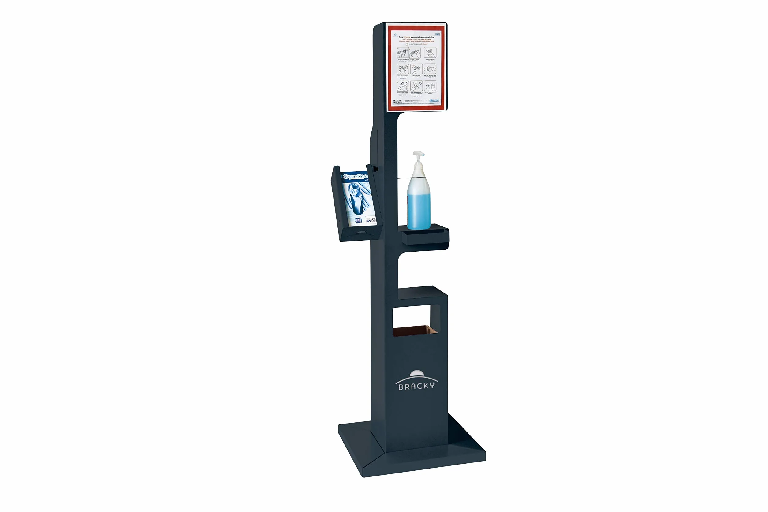 Colonna per dispenser gel igienizzante mani Bracky TOP colore grigio antracite RAL 7016 con vano frontale e recipiente interno porta guanti e mascherine usate, totem porta gel igienizzante.