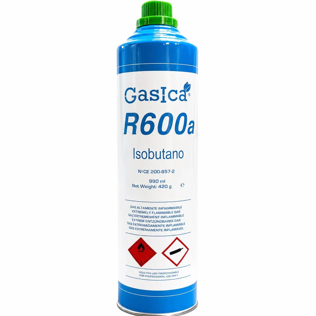 Kit completo Gas Refrigerante R600a Isobutano | Confezione da 420 g netto | Per Ricarica di Frigoriferi e Congelatori | Include Valvola e Tubo di Carico | Soluzione Ecologica