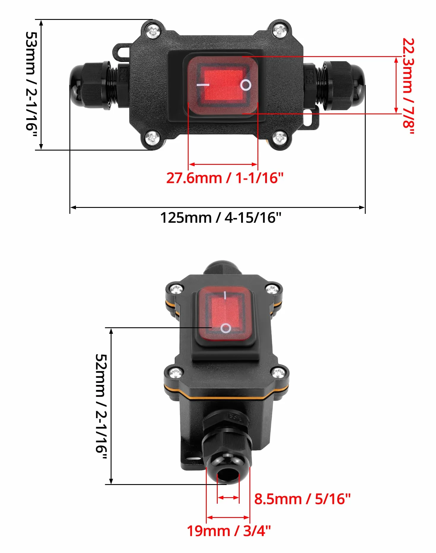QWORK® Interruttore con cavo in linea impermeabile IP65 con indicatore luminoso rosso, 220V 30A, DPST 4Pin, controllo ON/OFF a doppia posizione